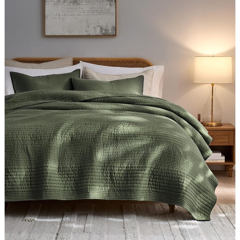 Striped Olive Green 100% Cotton Quilt Queen Size Bedding Sets
